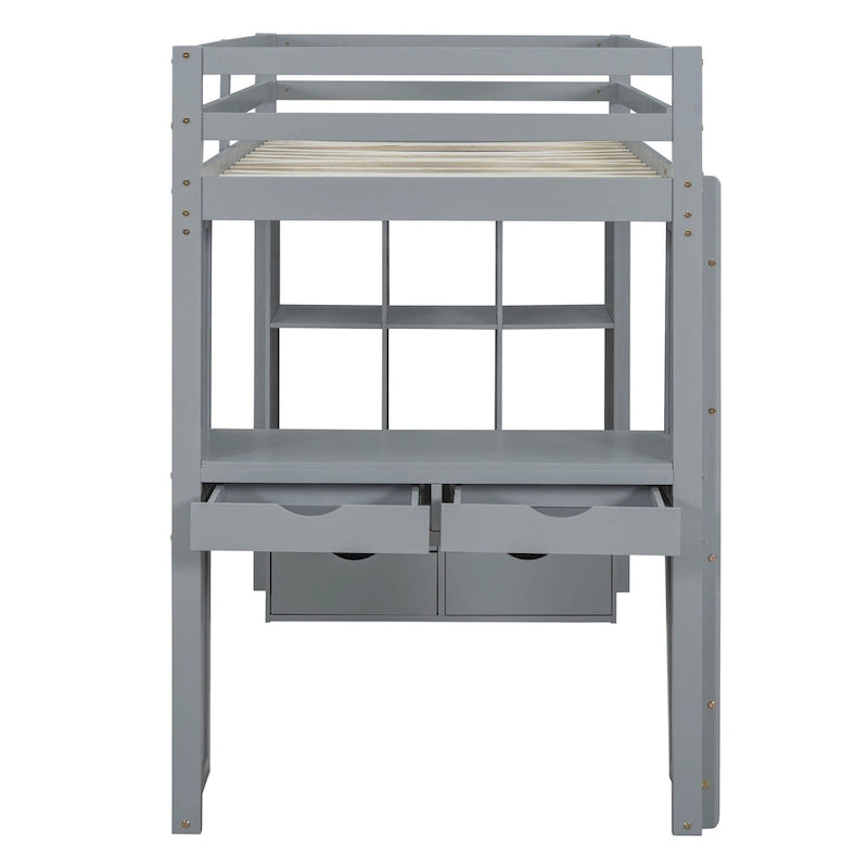 Gray Full Size Loft Bed with Storage Shelves, Desk and LED Lights