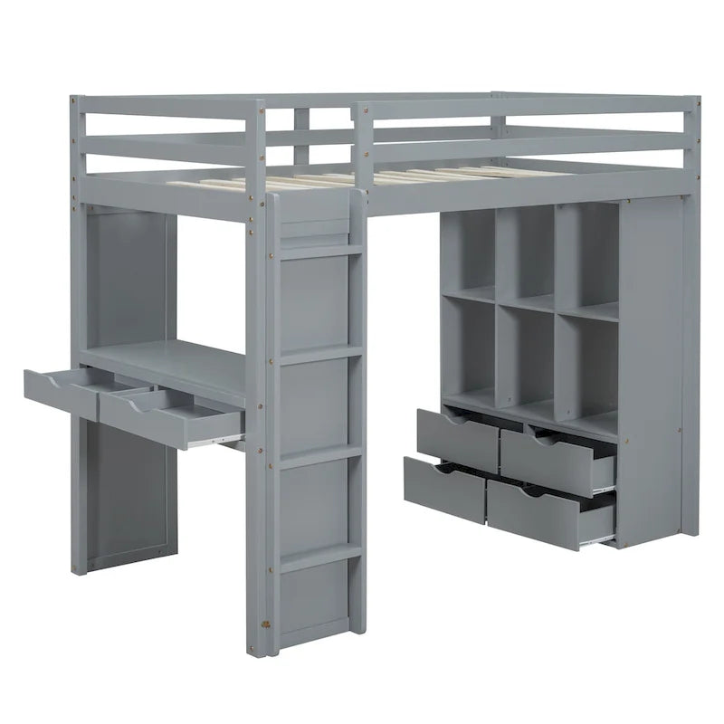 Gray Full Size Loft Bed with Storage Shelves, Desk and LED Lights
