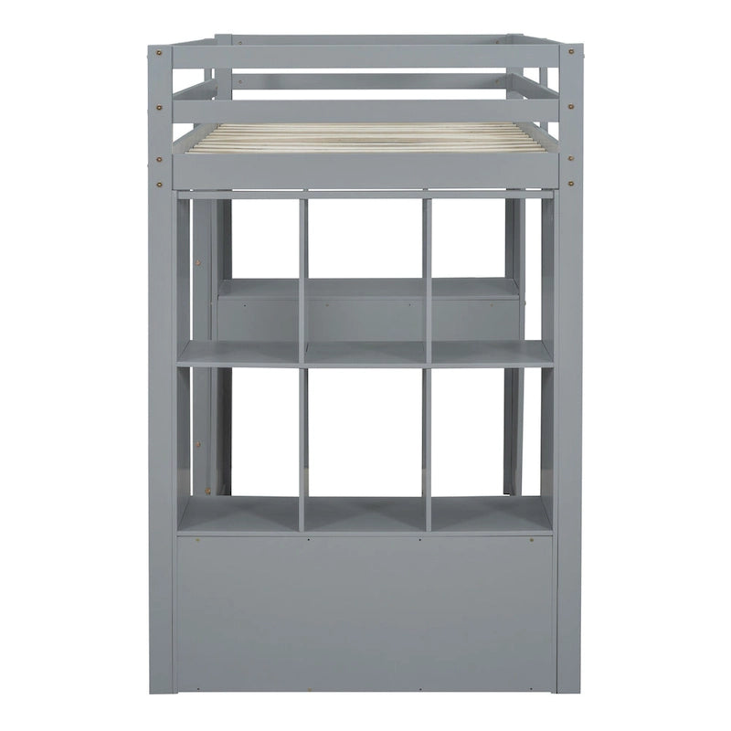 Gray Full Size Loft Bed with Storage Shelves, Desk and LED Lights