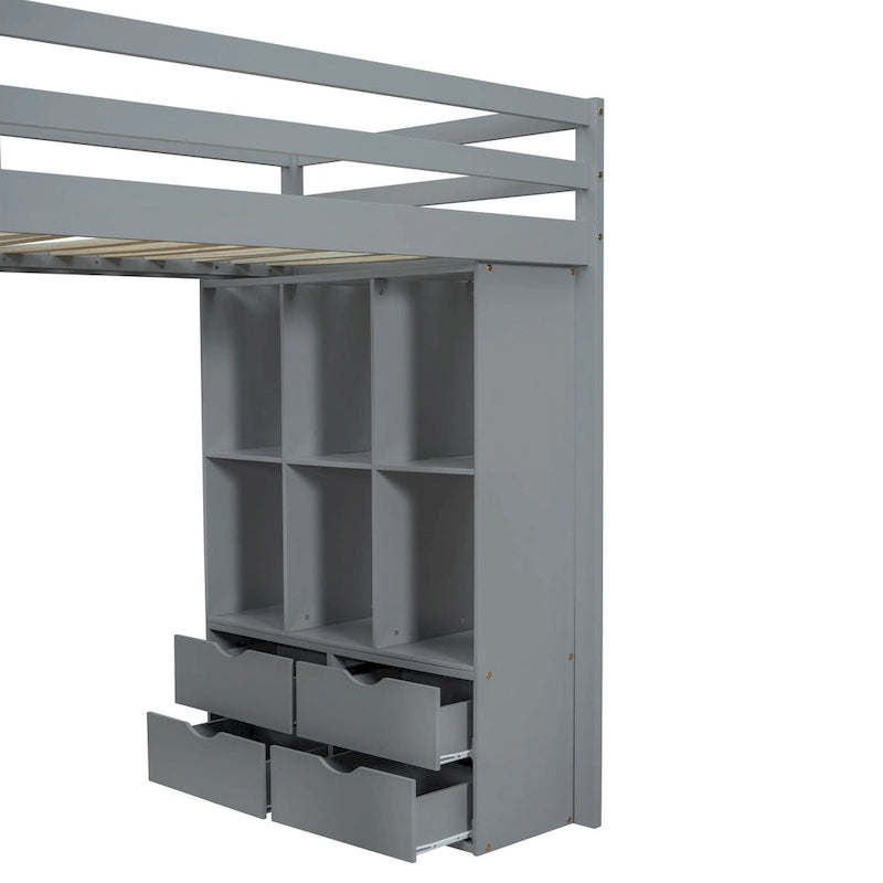 Gray Full Size Loft Bed with Storage Shelves, Desk and LED Lights