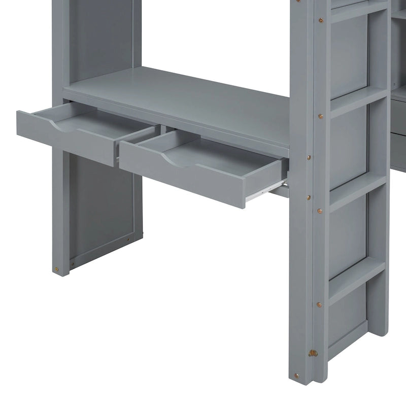 Gray Full Size Loft Bed with Storage Shelves, Desk and LED Lights