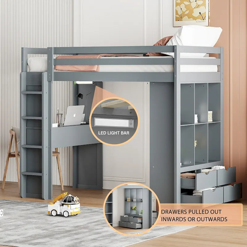 Gray Twin Loft Bed with Desk Drawers Shelves and LED Lights
