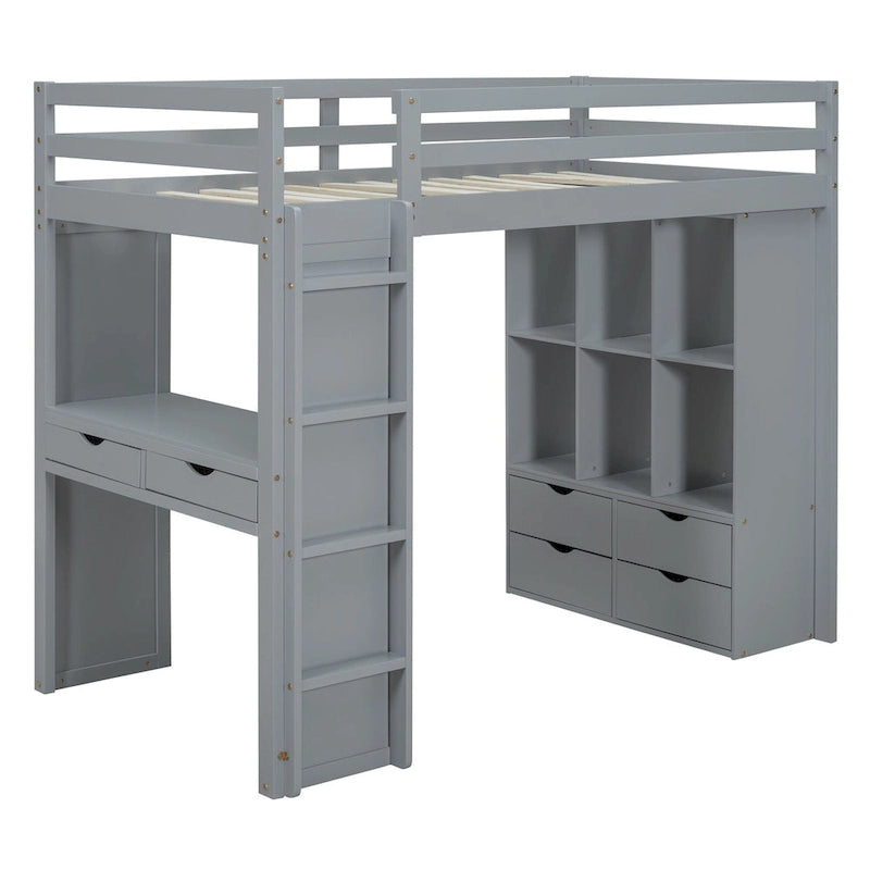 Gray Twin Loft Bed with Desk Drawers Shelves and LED Lights