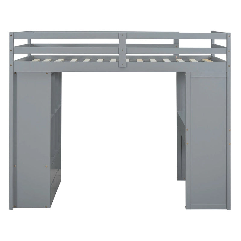Graues Hochbett für zwei Personen mit Schreibtisch, Schubladen, Regalen und LED-Leuchten