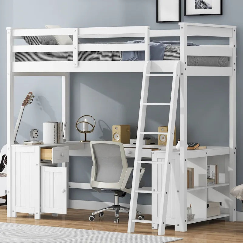 White Twin Solid Wood Loft Bed with Built-in Desk, Blackboard, Drawers and Storage Shelves