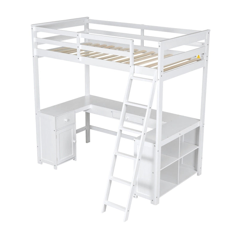 White Twin Solid Wood Loft Bed with Built-in Desk, Blackboard, Drawers and Storage Shelves