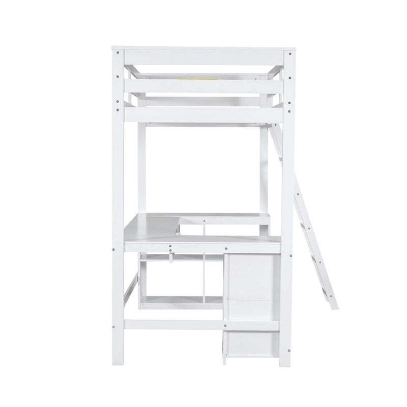 White Twin Solid Wood Loft Bed with Built-in Desk, Blackboard, Drawers and Storage Shelves