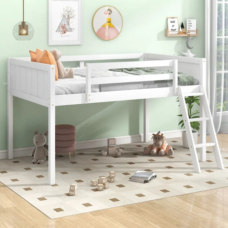 White Low Solid Pine Wood Loft Bed with Convertible Ladder Safety Rails