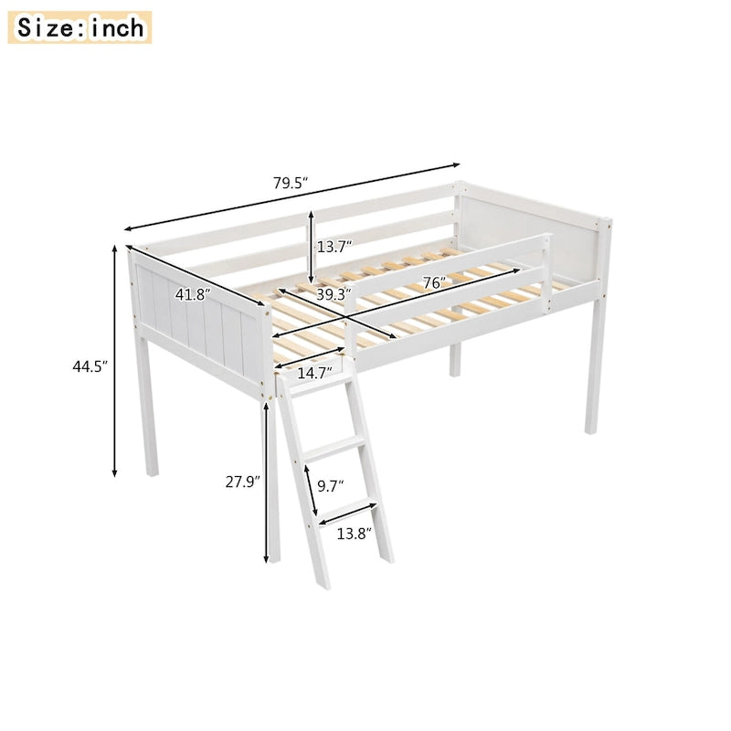 White Low Solid Pine Wood Loft Bed with Convertible Ladder Safety Rails
