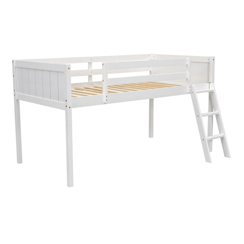 White Low Solid Pine Wood Loft Bed with Convertible Ladder Safety Rails