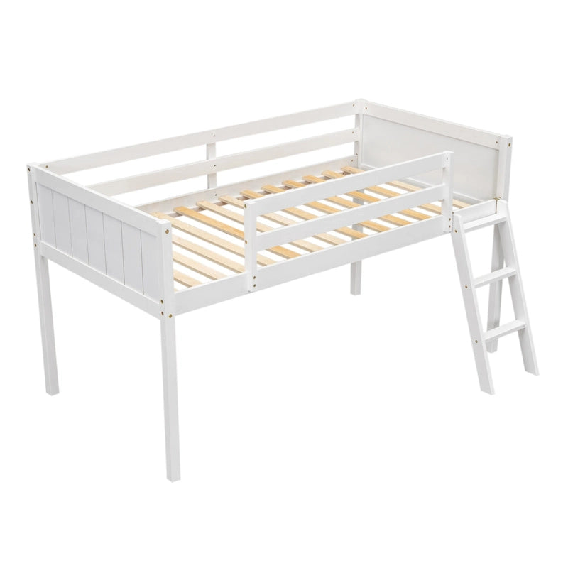 White Low Solid Pine Wood Loft Bed with Convertible Ladder Safety Rails
