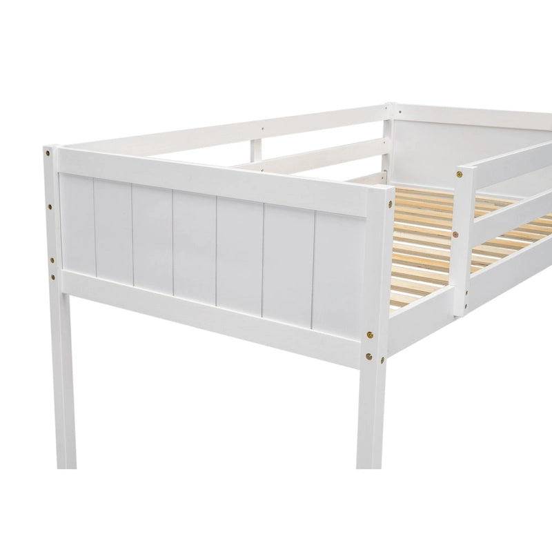 White Low Solid Pine Wood Loft Bed with Convertible Ladder Safety Rails