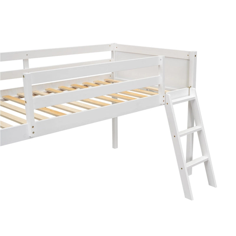 White Low Solid Pine Wood Loft Bed with Convertible Ladder Safety Rails