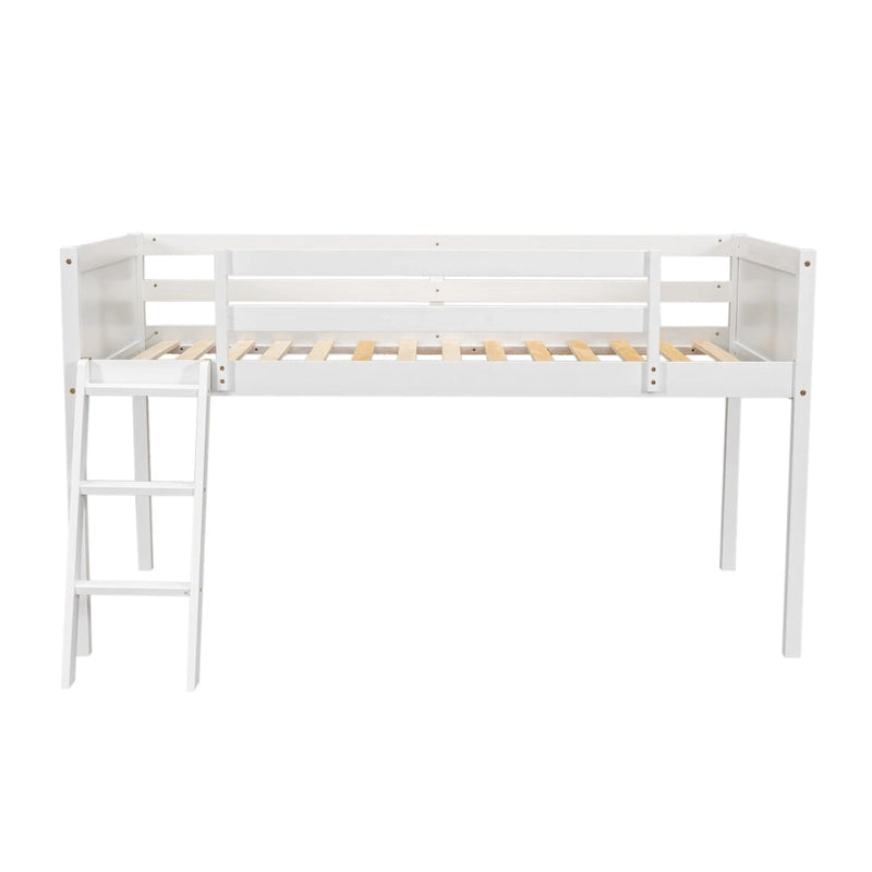 White Low Solid Pine Wood Loft Bed with Convertible Ladder Safety Rails
