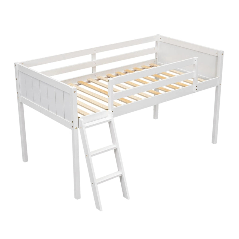 White Low Solid Pine Wood Loft Bed with Convertible Ladder Safety Rails