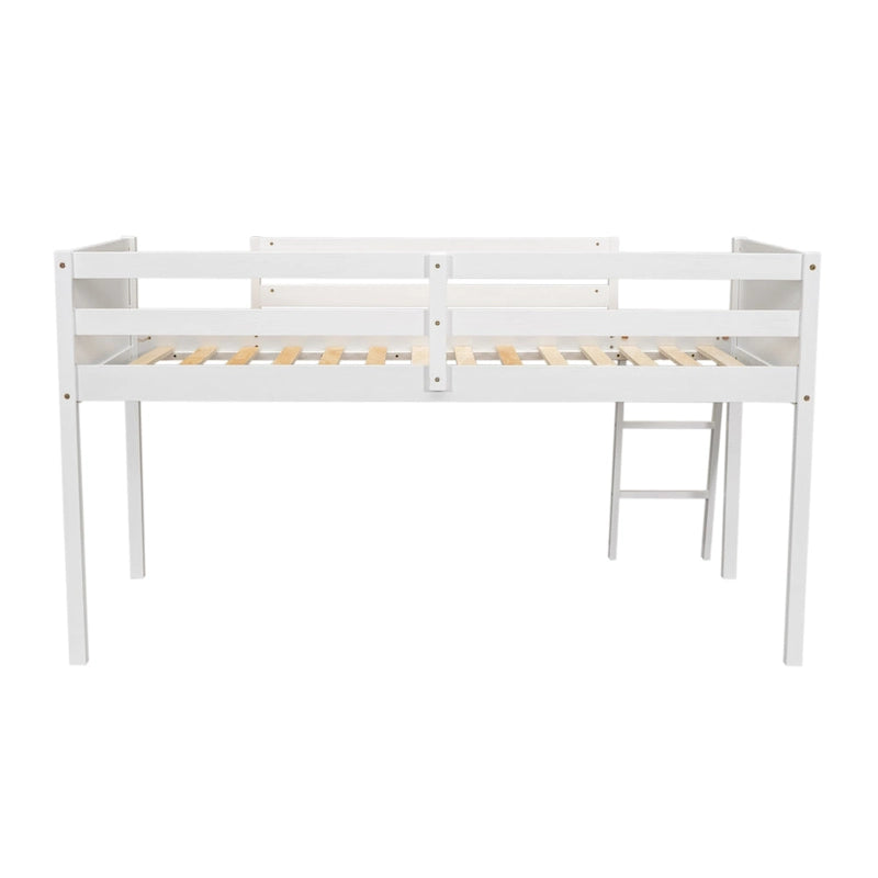 White Low Solid Pine Wood Loft Bed with Convertible Ladder Safety Rails