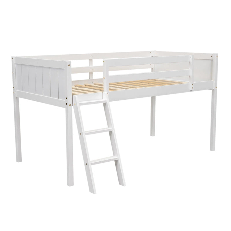 White Low Solid Pine Wood Loft Bed with Convertible Ladder Safety Rails
