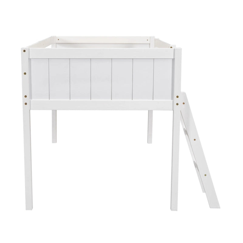 White Low Solid Pine Wood Loft Bed with Convertible Ladder Safety Rails