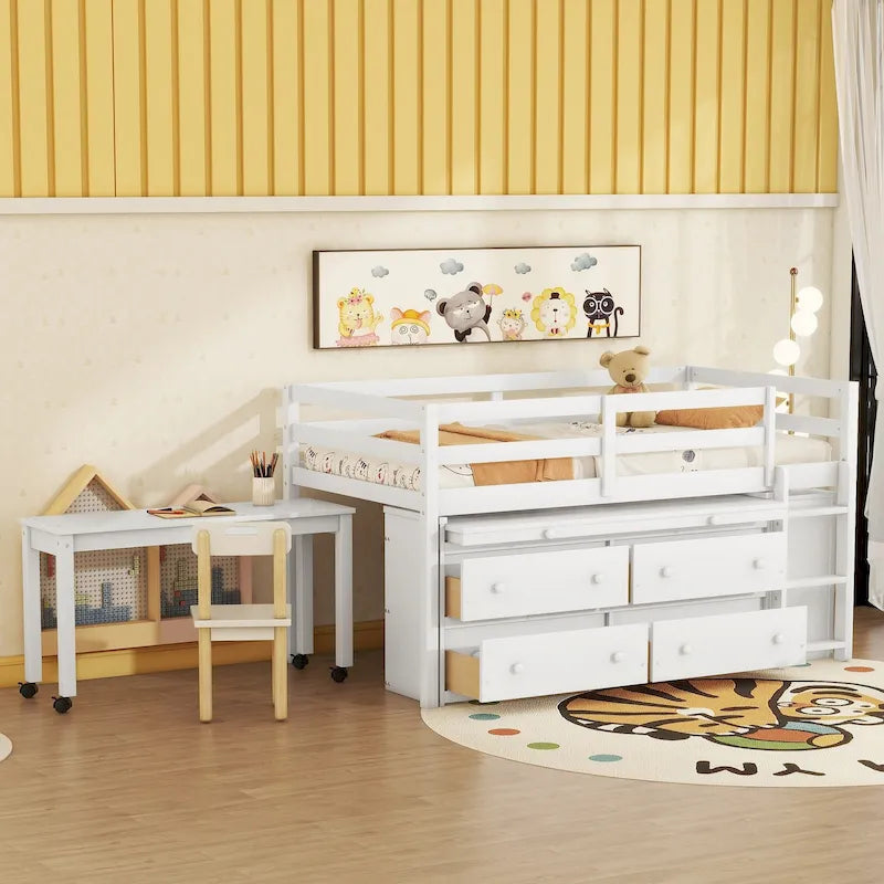 White Twin Loft Bed with Retractable Desk Drawers and Side Shelves
