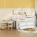 White Twin Loft Bed with Retractable Desk Drawers and Side Shelves