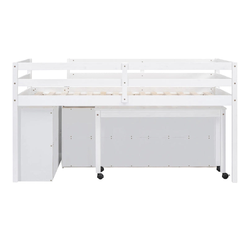 White Twin Loft Bed with Retractable Desk Drawers and Side Shelves