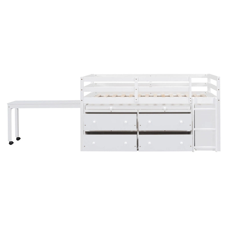 White Twin Loft Bed with Retractable Desk Drawers and Side Shelves