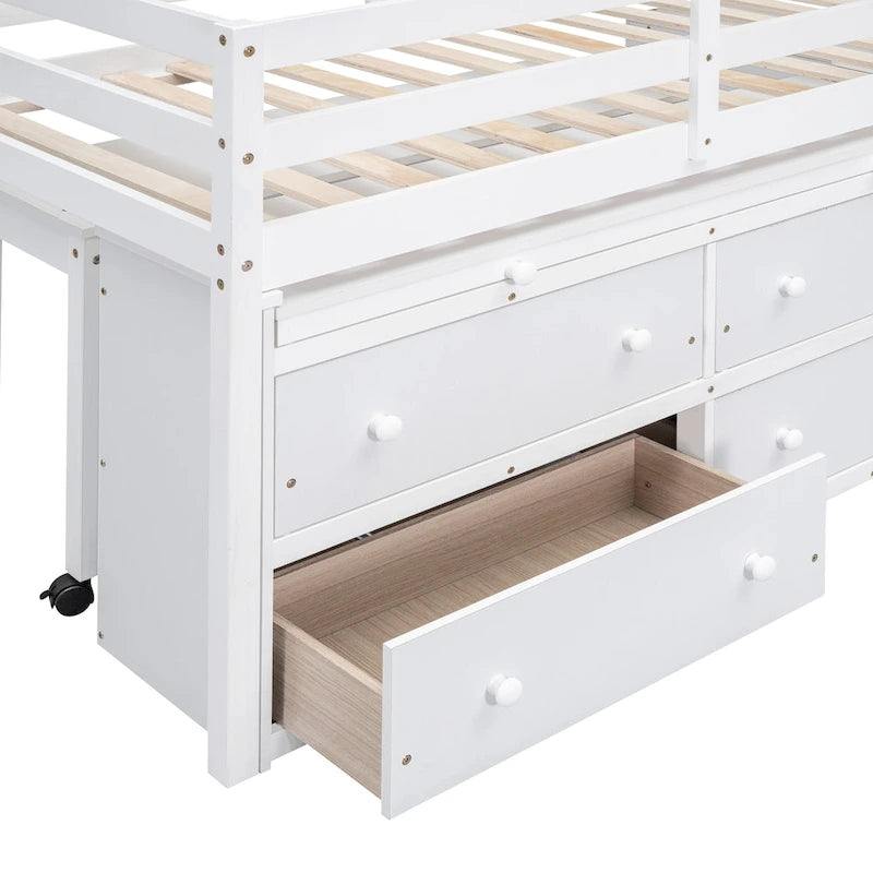 White Twin Loft Bed with Retractable Desk Drawers and Side Shelves