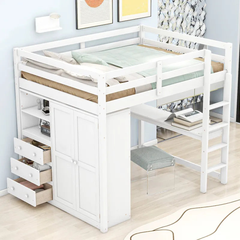 White Full Size Solid Wood Loft Bed with Wardrobe Desk Shelves Ladder