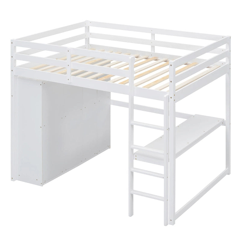 White Full Size Solid Wood Loft Bed with Wardrobe Desk Shelves Ladder