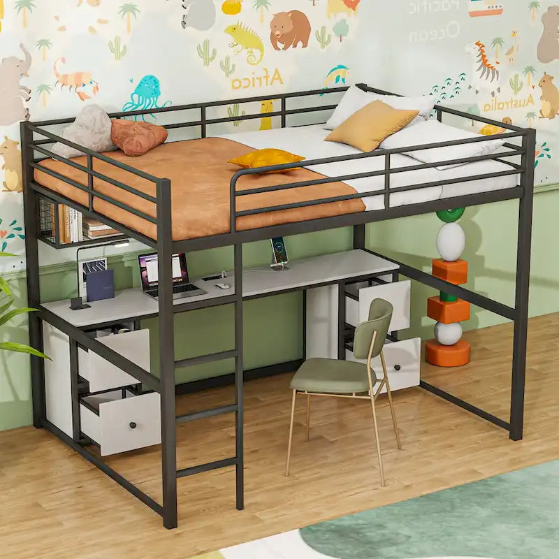 Black Full Size Metal Loft Bed with Desk, Drawers, and Charging Station