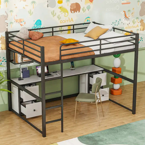 Black Full Size Metal Loft Bed with Desk, Drawers, and Charging Station