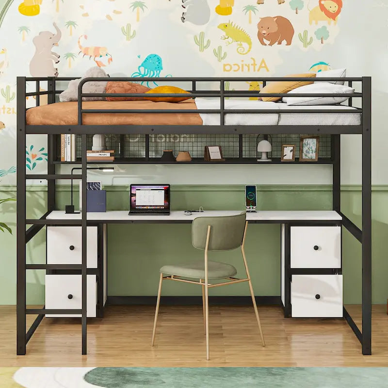 Black Full Size Metal Loft Bed with Built-In Desk and Storage Drawers