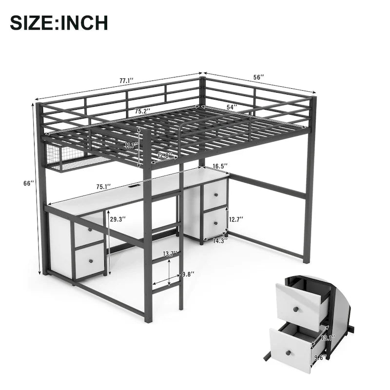 Black Full Size Metal Loft Bed with Built-In Desk and Storage Drawers