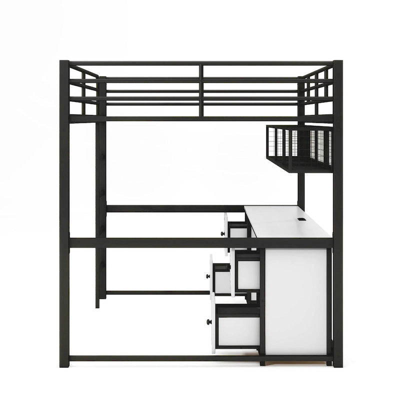 Black Full Size Metal Loft Bed with Built-In Desk and Storage Drawers