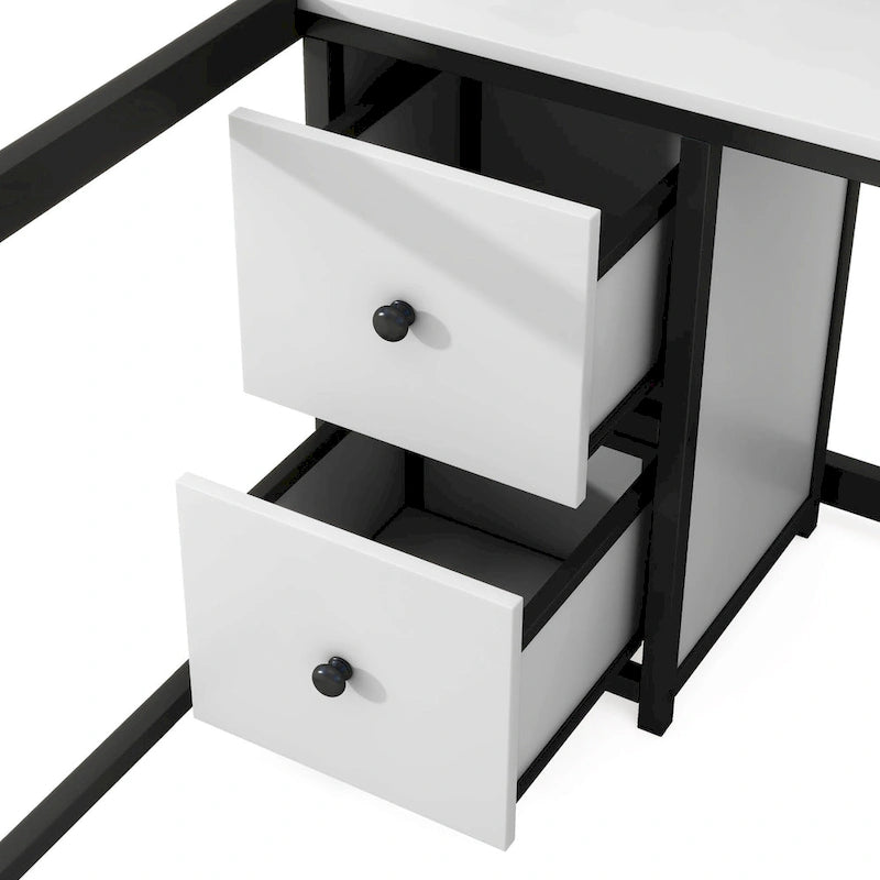 Black Full Size Metal Loft Bed with Built-In Desk and Storage Drawers