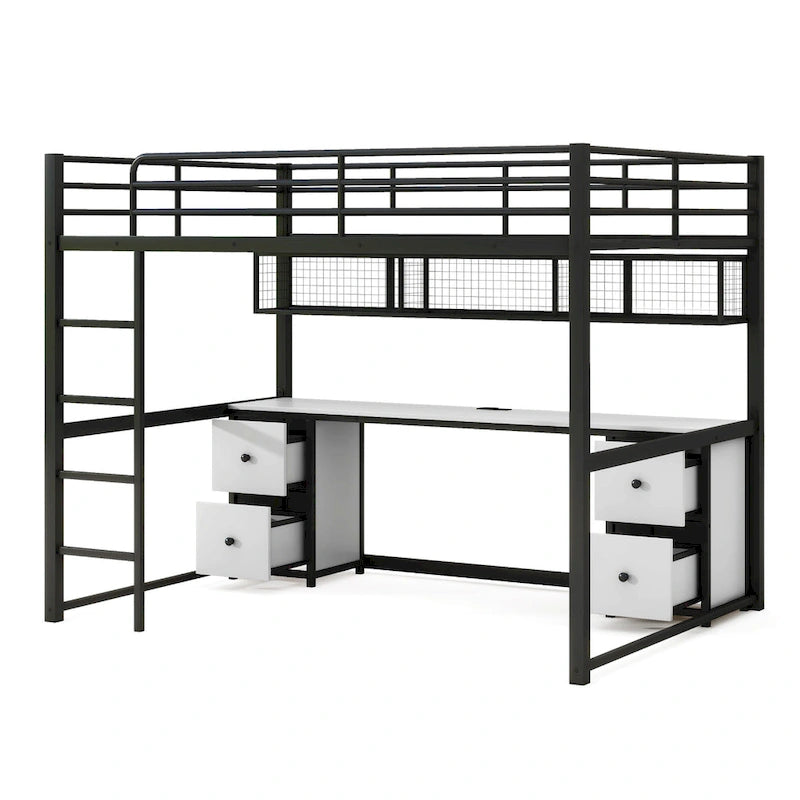 Black Full Size Metal Loft Bed with Built-In Desk and Storage Drawers