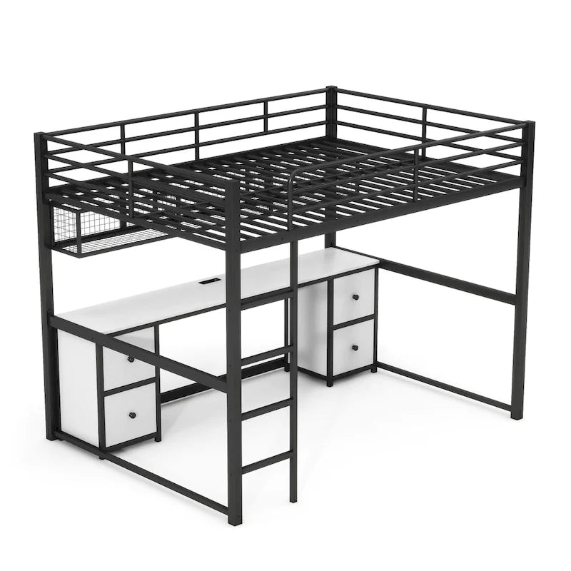 Black Full Size Metal Loft Bed with Built-In Desk and Storage Drawers