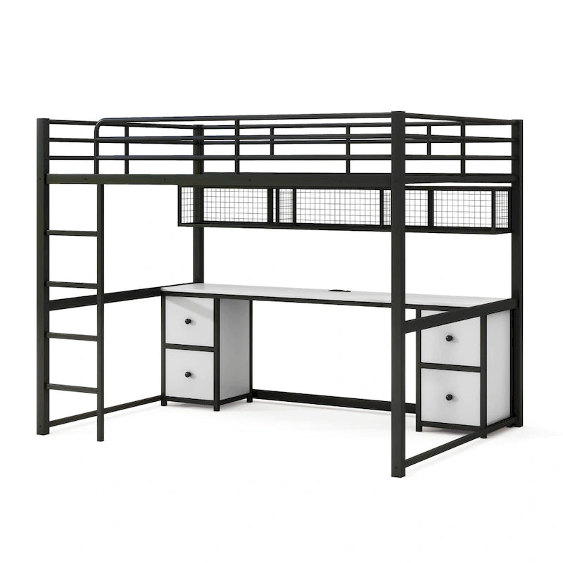 Black Full Size Metal Loft Bed with Built-In Desk and Storage Drawers