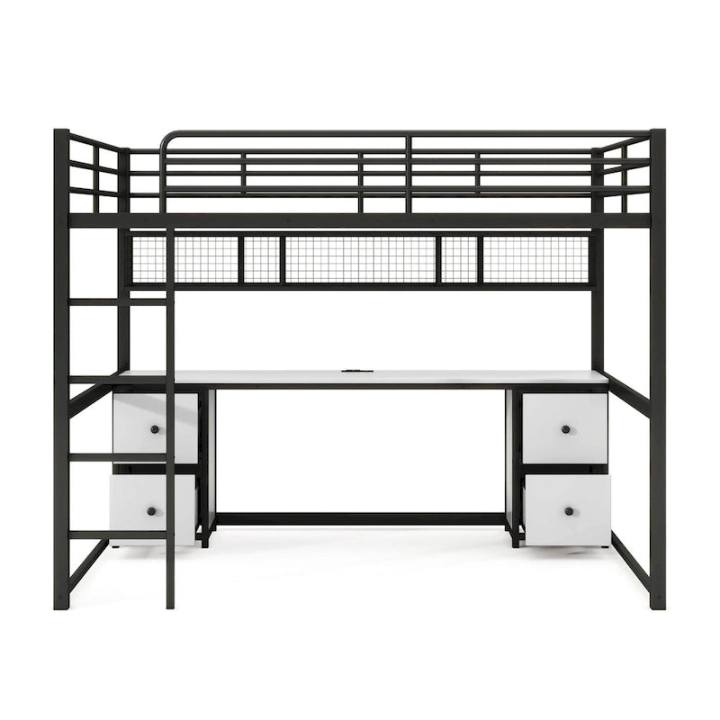 Black Full Size Metal Loft Bed with Built-In Desk and Storage Drawers