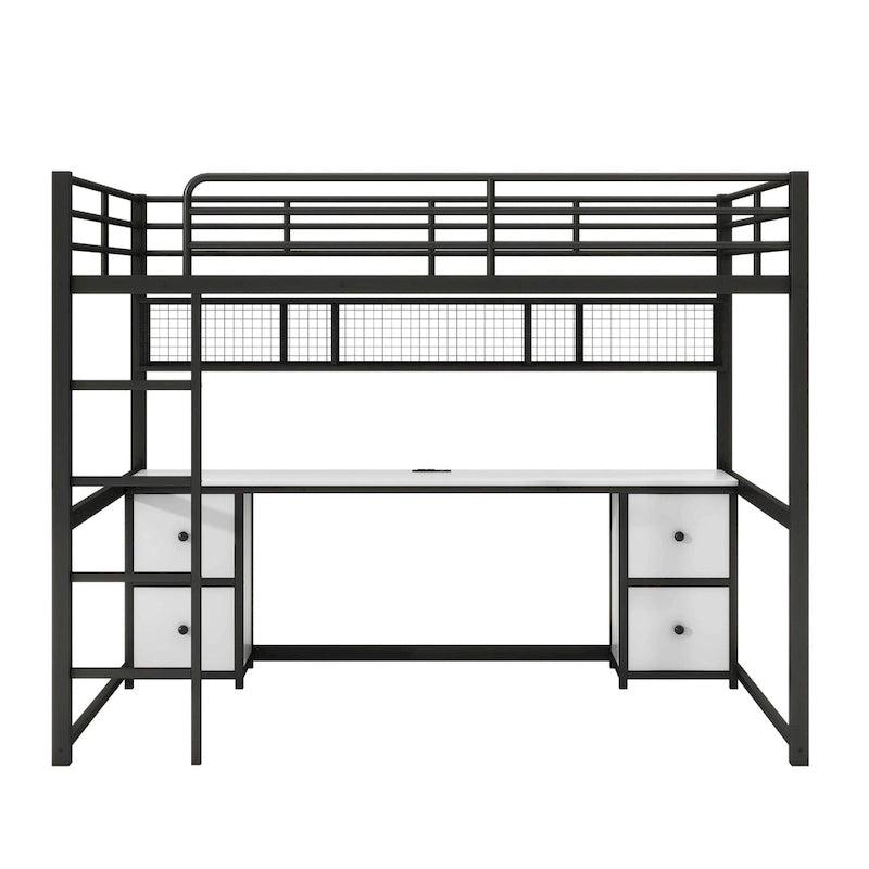 Black Full Size Metal Loft Bed with Built-In Desk and Storage Drawers