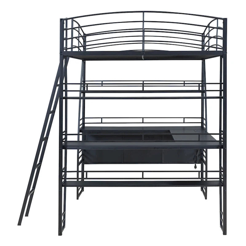 Full Size Metal Loft Bed with L-Shaped Desk, Open Shelves, Black