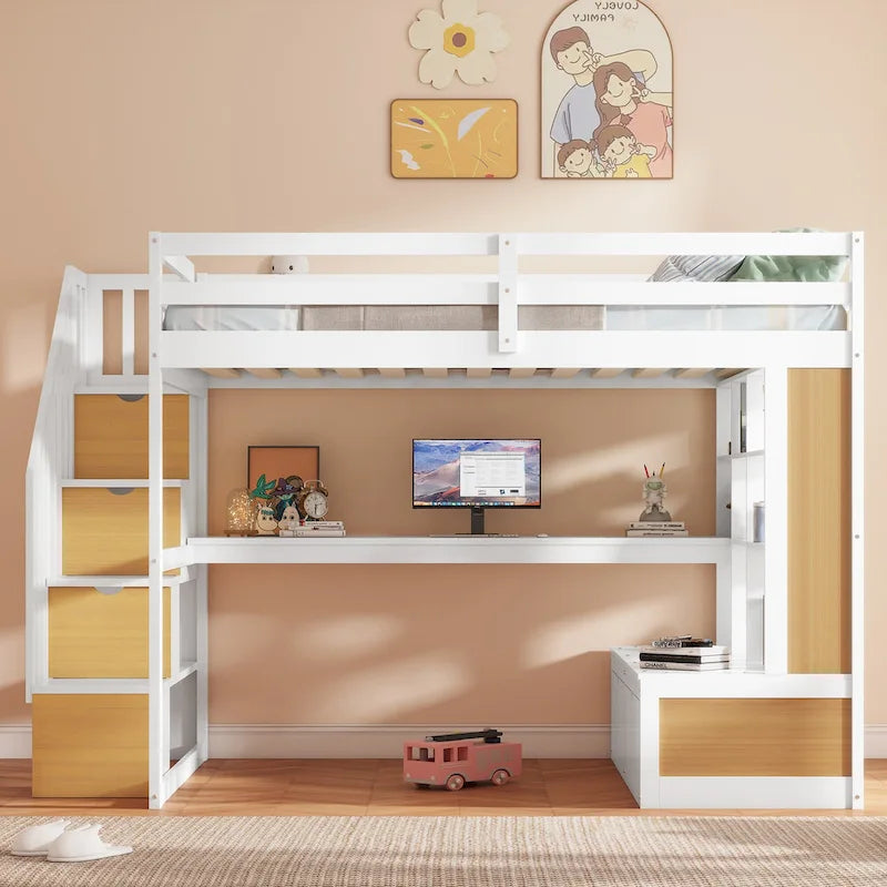 Natural+White Full Size Solid Wood Loft Bed with Desk, Shelves, and Drawers