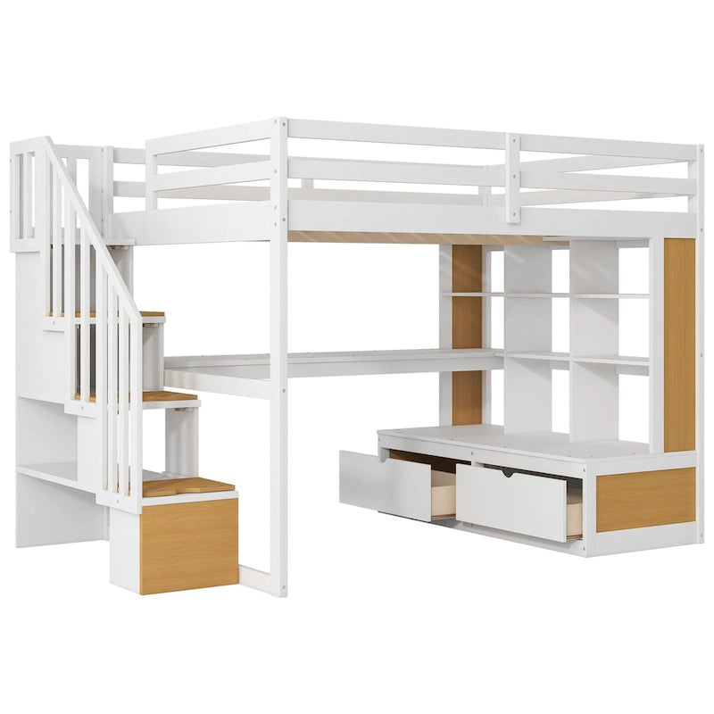 Full Size White Pine Wood Loft Bed with Desk Shelves Storage Drawers Staircase