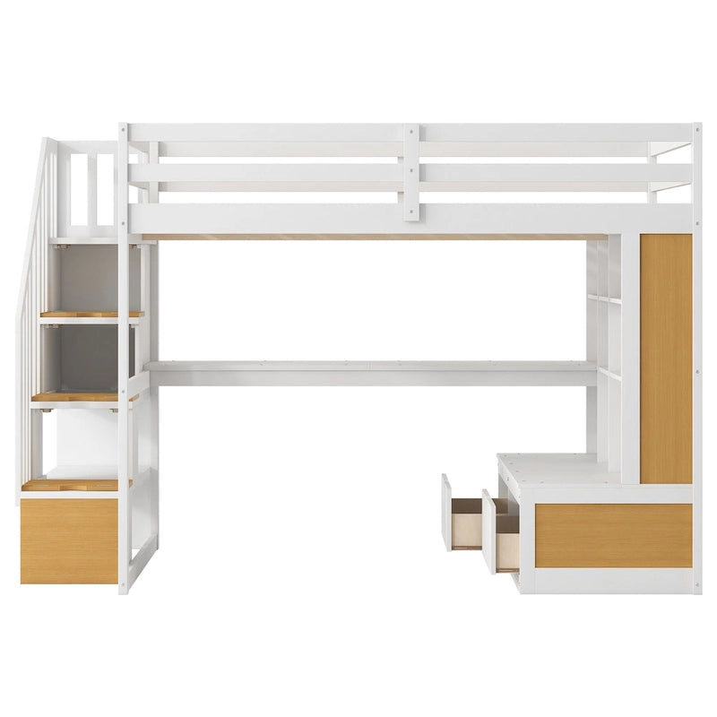 Full Size White Pine Wood Loft Bed with Desk Shelves Storage Drawers Staircase