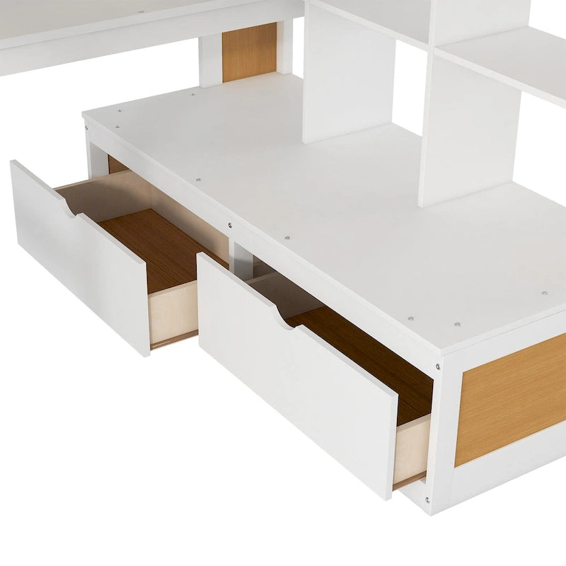 Full Size White Pine Wood Loft Bed with Desk Shelves Storage Drawers Staircase