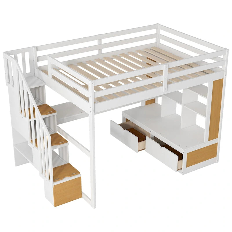Full Size White Pine Wood Loft Bed with Desk Shelves Storage Drawers Staircase