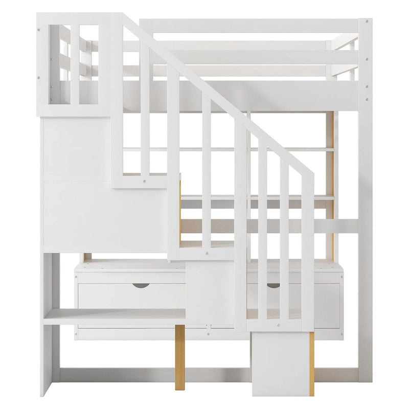 Full Size White Pine Wood Loft Bed with Desk Shelves Storage Drawers Staircase
