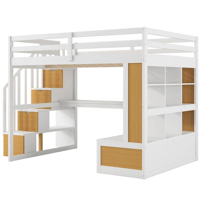 Full Size White Pine Wood Loft Bed with Desk Shelves Storage Drawers Staircase