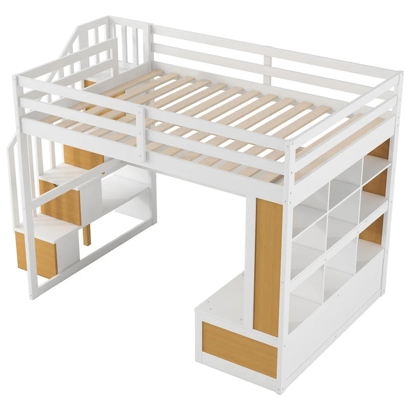 Full Size White Pine Wood Loft Bed with Desk Shelves Storage Drawers Staircase