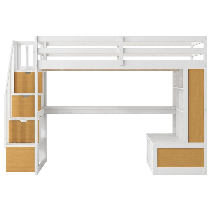 Full Size White Pine Wood Loft Bed with Desk Shelves Storage Drawers Staircase